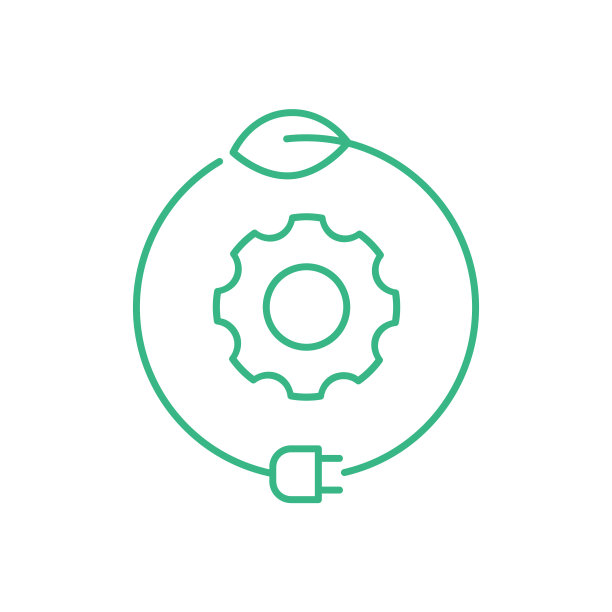 绿色产业图标。齿轮内有叶片和电动插头。图片下载