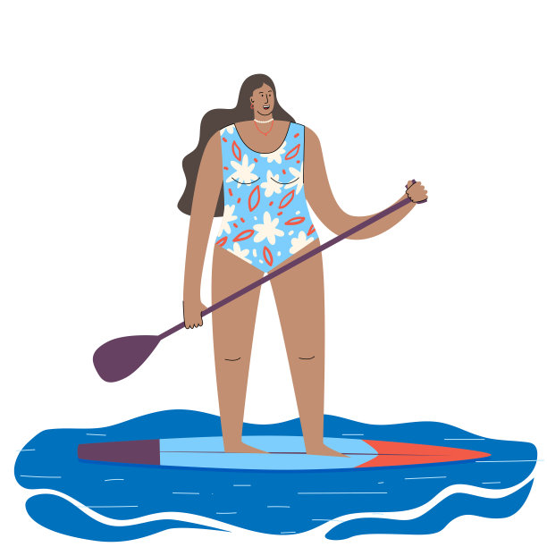 一个年轻的女孩穿着泳衣站在一个站立的板上，手里拿着桨。子板上的水，海浪，大海。矢量插图的水上运动。孤立在白色背景上。图片下载