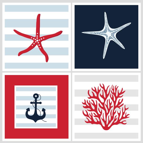 四个带有海洋元素的图案。图片下载