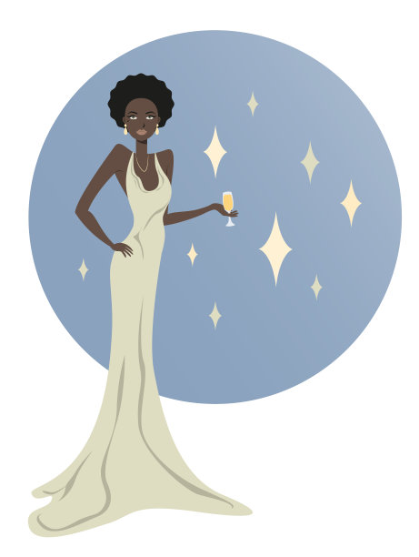漂亮迷人的年轻女士穿着晚礼服。优雅的非裔美国女性。夜总会，鸡尾酒会，餐厅，夜生活，新年圣诞派对风格。矢量图图片下载