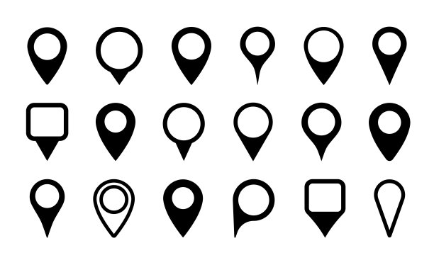 地图定位图钉图标，用于GPS、地理位置和地点标记，旅行和道路目的地标签或符号，白色背景上的黑色地图指针，导航标志矢量图片下载