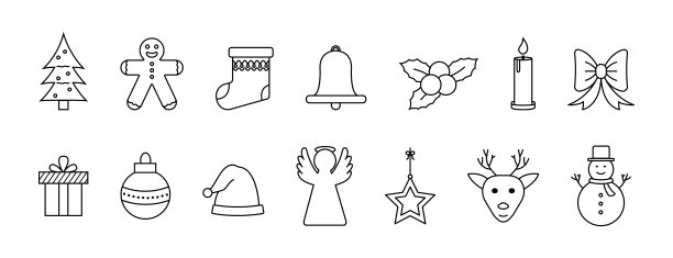 圣诞图标的风格。礼物，树，装饰，弓寒假。圣诞节礼物盒的大纲元素。图形设置折扣或提供卡，惊喜和商店的丝带。向量图片下载