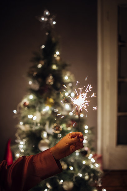 不知名的女人拿着新年洒水车，背景是一棵装饰过的圣诞树图片下载