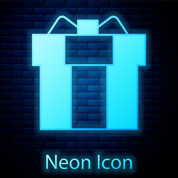 发光的霓虹灯礼品盒图标孤立在砖墙图片下载