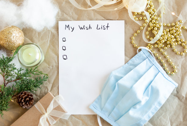 笔记本上写着我2022年的愿望清单。金色圣诞装饰，冷杉枝。医学的面具。新年和假期的概念与规划礼物。前视图。Flatlay图片下载