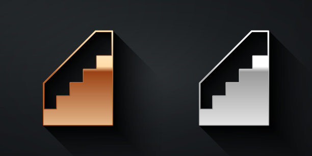 金色和银色楼梯图标孤立在黑色背景。长长的阴影风格。向量图片下载