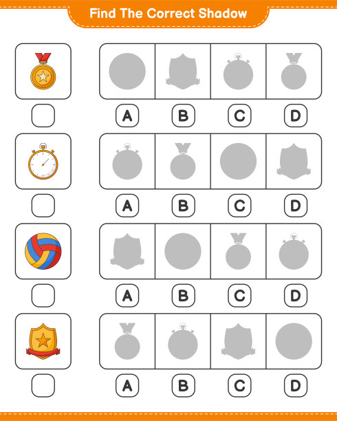 找到正确的阴影。找到并匹配秒表、奖杯和排球的正确阴影。教育儿童游戏，可打印的工作表，矢量插图图片下载