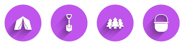 设置游客帐篷，铲子，森林和露营罐图标与长影子。向量图片下载