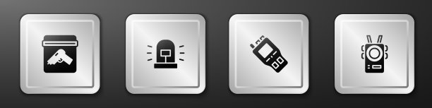 设置证据袋与枪，闪光警报器，对讲机和警察的身体摄像机图标。银广场按钮。向量图片下载