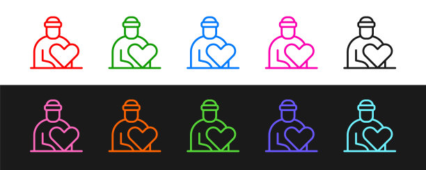 设置线志愿者图标隔离在黑白背景上。关怀，爱和善良的心社区支持穷人，无家可归者和老人。向量图片下载