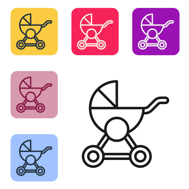 黑色线婴儿推车图标孤立在白色背景。婴儿车，婴儿车，手推车。在彩色方形按钮中设置图标。向量图片下载