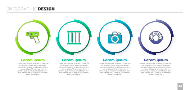 设置警用电击器，监狱窗户，相机和甜甜圈。业务信息模板。向量图片下载