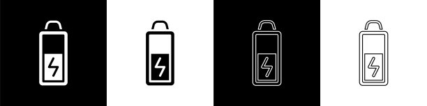 设置电池图标隔离在黑白背景。闪电的象征。向量图片下载