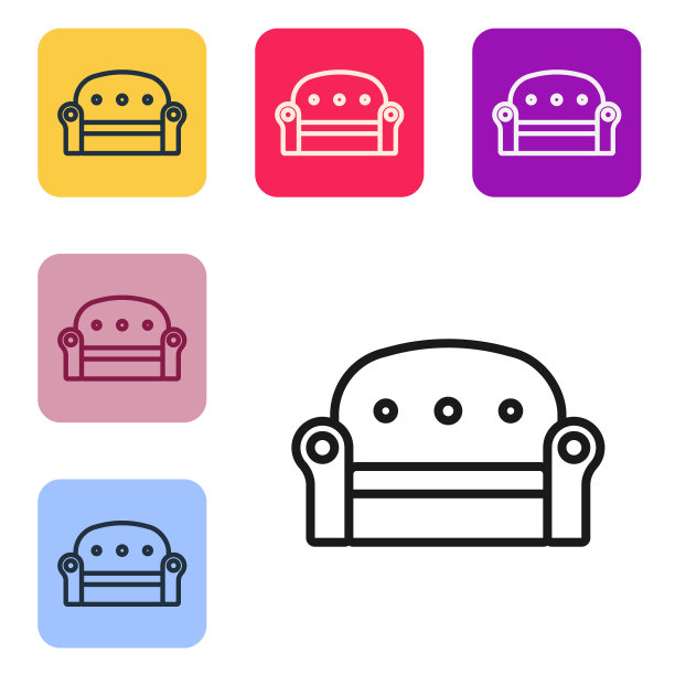 黑色线沙发图标隔离在白色背景。在彩色方形按钮中设置图标。向量图片下载