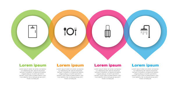 设有淋浴房、餐盘、餐叉、餐刀、箱包等。业务信息模板。向量图片下载