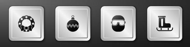 设置圣诞花环，球，滑雪护目镜和花样滑冰图标。银广场按钮。向量图片下载