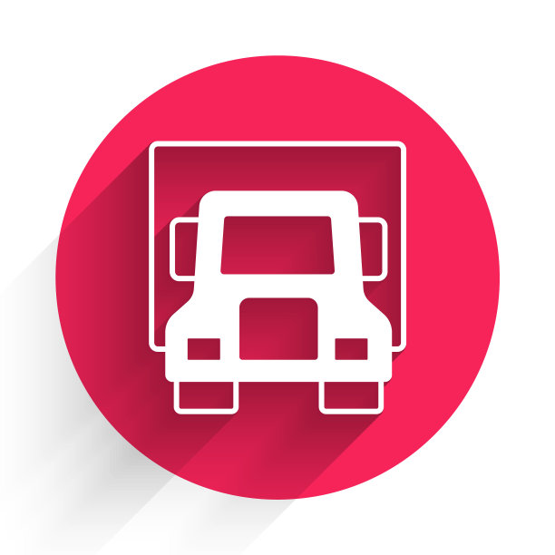 白色交付货车车辆图标隔离与长阴影背景。红色圆圈按钮。向量图片下载