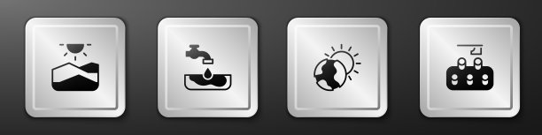 设置干旱、水问题、全球变暖和砍伐森林的图标。银广场按钮。向量图片下载