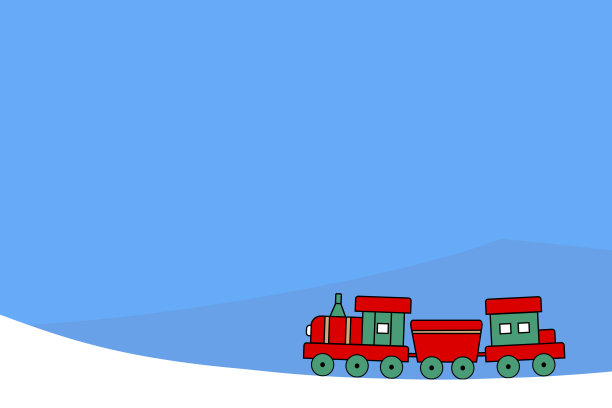 红色和绿色的圣诞火车行驶在蓝天背景的白雪覆盖的山上图片下载