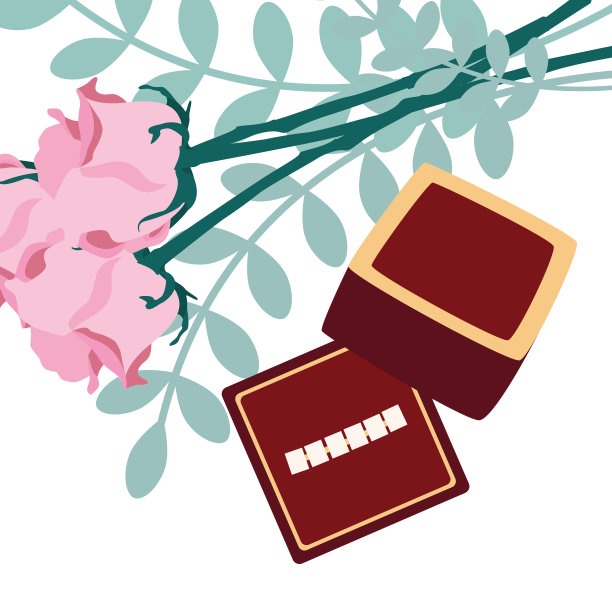 婚礼订婚戒指放在礼盒里，白色背景，旁边有一束鲜花。矢量插图。图片下载