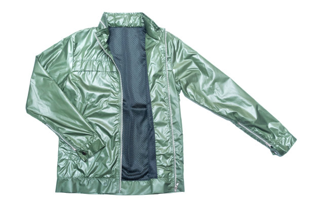 亮绿色尼龙全拉链风衣夹克，摩托车皮夹克风格。图片下载