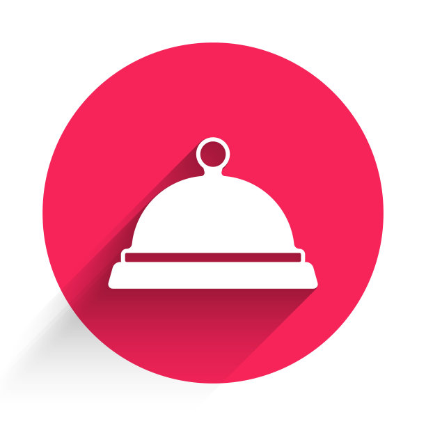 白色覆盖的托盘食物图标与长阴影背景隔离。托盘和盖子的标志。餐厅钟盖。红色圆圈按钮。向量图片下载