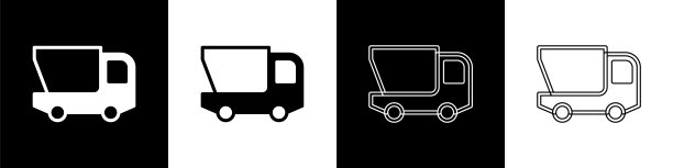 设置玩具卡车图标孤立在黑色和白色背景。向量图片下载