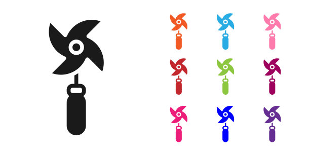 黑色风车玩具图标孤立在白色背景。风车玩具图标。设置图标丰富多彩。向量图片下载