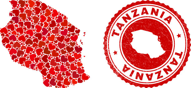 爱拼贴坦桑尼亚地图和垃圾邮票图片下载