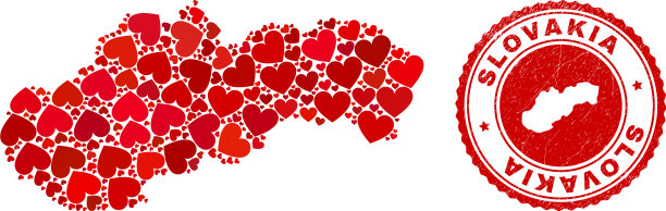 心形马赛克斯洛伐克地图和垃圾邮票印章图片下载
