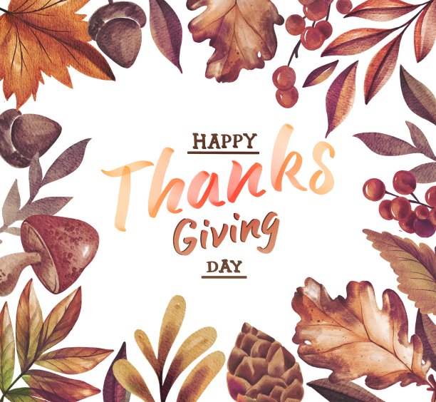 手绘秋天水彩森林树叶框架与快乐的感恩节信件。用于海报，印刷，卡片，明信片，传单，横幅，广告，邀请，市场，问候，节日图片下载