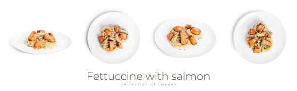 奶油酱三文鱼和芝麻菜通心粉，放在白色的背景上。面窝孤立图片下载