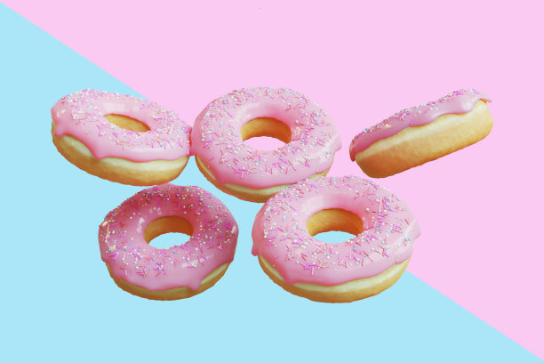 飞行的甜甜圈粉红色釉面的甜甜圈，洒在柔和的颜色背景。3D渲染食物的最小概念。图片下载