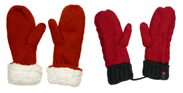 连指手套孤立在白色背景上。针织手套。连指手套顶视图。红白手套。图片下载