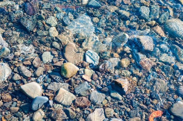各种光滑的石头底部浅浅的山涧，清澈的淡水。在户外自然图片下载
