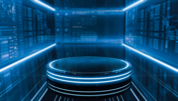 未来主义的桌子基座，用于照明照明的展示。空白有光泽的讲台产品。舞台和科幻概念。3 d演示。图片下载