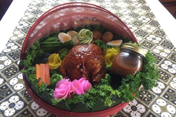 在一个装饰精美的红篮子里，有青蛙、鸡肉和调味品。图片下载