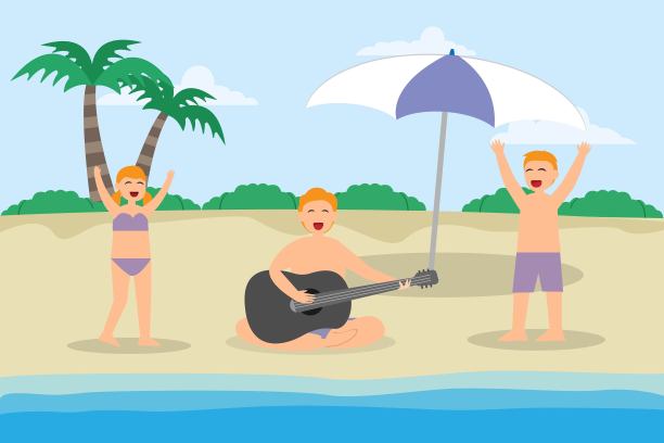 年轻的父亲和孩子们在海滩上唱歌图片下载