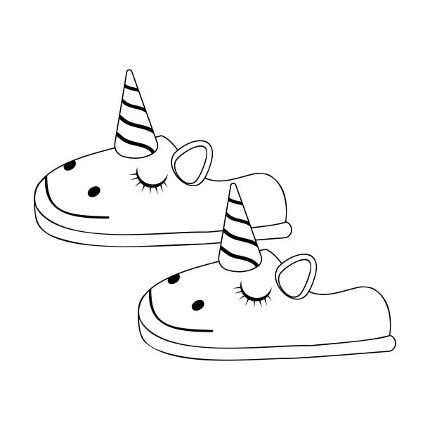 家用拖鞋黑色轮廓独角兽，矢量插图图片下载