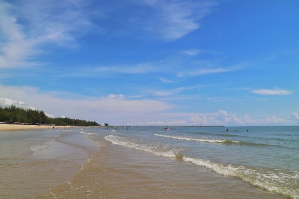 夏日清晨，柔和的海浪拍打着沙滩、松树和蓝天。图片下载