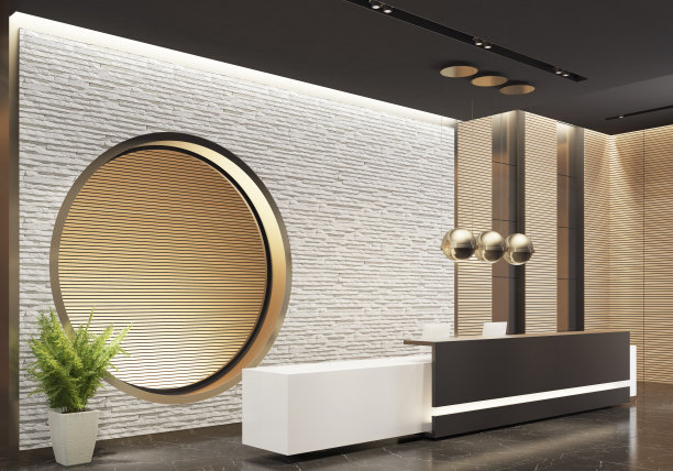 带有长接待台的现代办公室大堂内部区域图片下载