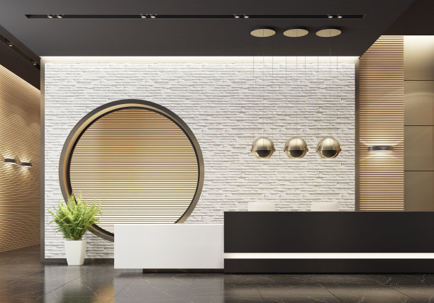 带有长接待台的现代办公室大堂内部区域图片下载