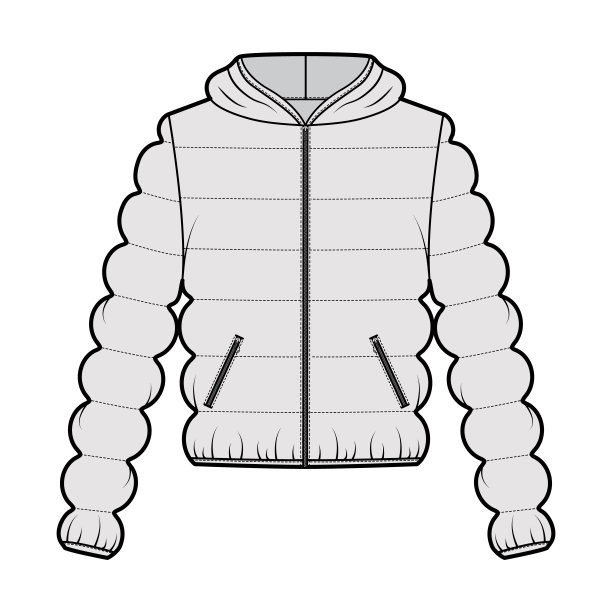 连帽夹克羽绒服外套技术时尚插图拉链关闭，口袋，超大，经典绗缝图片下载