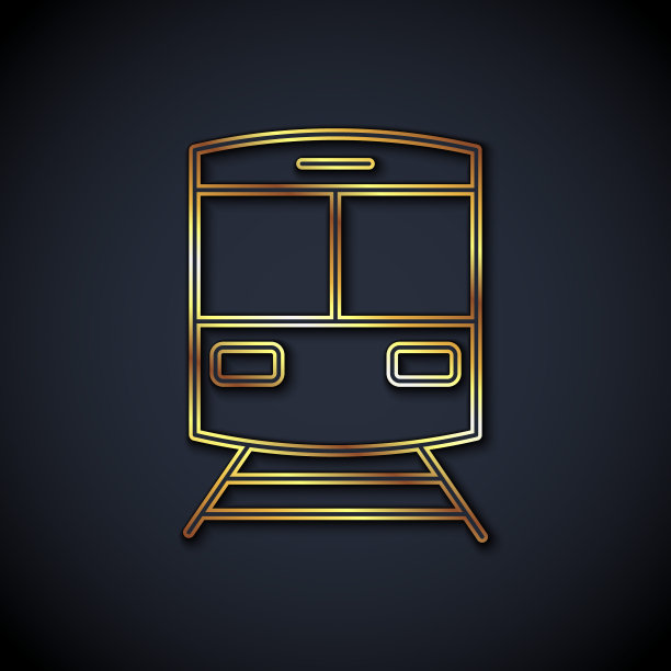 金色线火车和铁路图标孤立在黑色背景。公共交通的象征。地铁交通。地铁地下。向量图片下载
