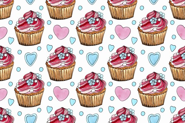 Capcake无缝模式。水彩手绘插图。图片下载