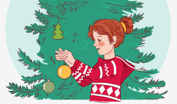 可爱的女孩用节日玩具装饰圣诞树。可爱的寒假贺卡。时尚的圣诞节和新年矢量插图图片下载