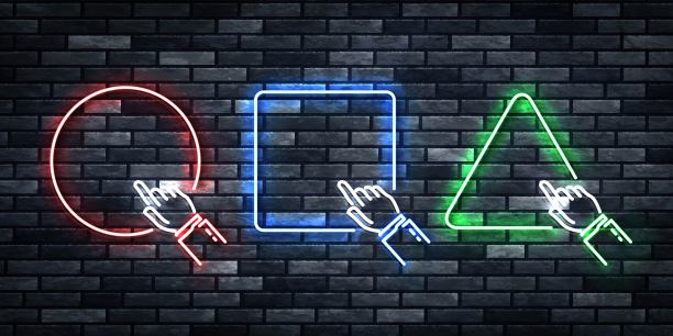 矢量集现实孤立的霓虹灯标志框架与指向的手徽标装饰和覆盖在墙壁背景。图片下载