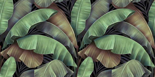 热带风情无缝图案与豪华复古香蕉叶，棕榈。手绘美丽的3D插图。迷人多彩的背景设计。图片下载