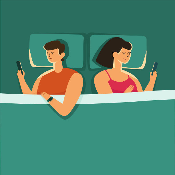 男人和女人晚上躺在床上玩智能手机图片下载