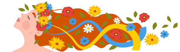 可爱的红发女孩或女人的侧面肖像，长发飞扬，花环与蓝色和黄色的丝带图片下载